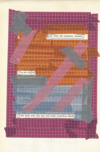 A blackout poem made from a page of Leaves of Grass by Walt Whitman. Words are blacked out in various colors of tape: purple, gray, blue, and orange.
