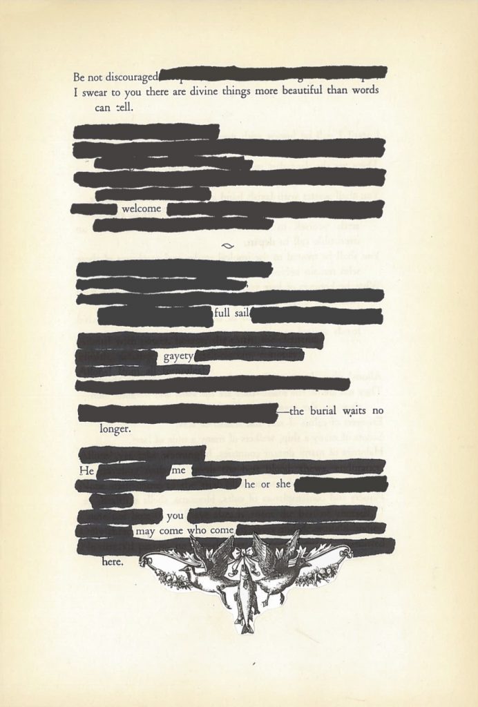 A blackout poem made from a page of Leaves of Grass by Walt Whitman. Words are blacked out with marker. At the bottom an image is glued, featuring a fish and two birds.