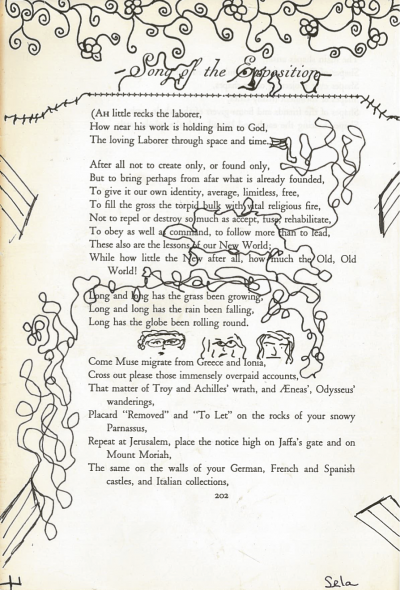 A piece of art made from a page of Leaves of Grass by Walt Whitman. The page is covered in doodles in black pen.
