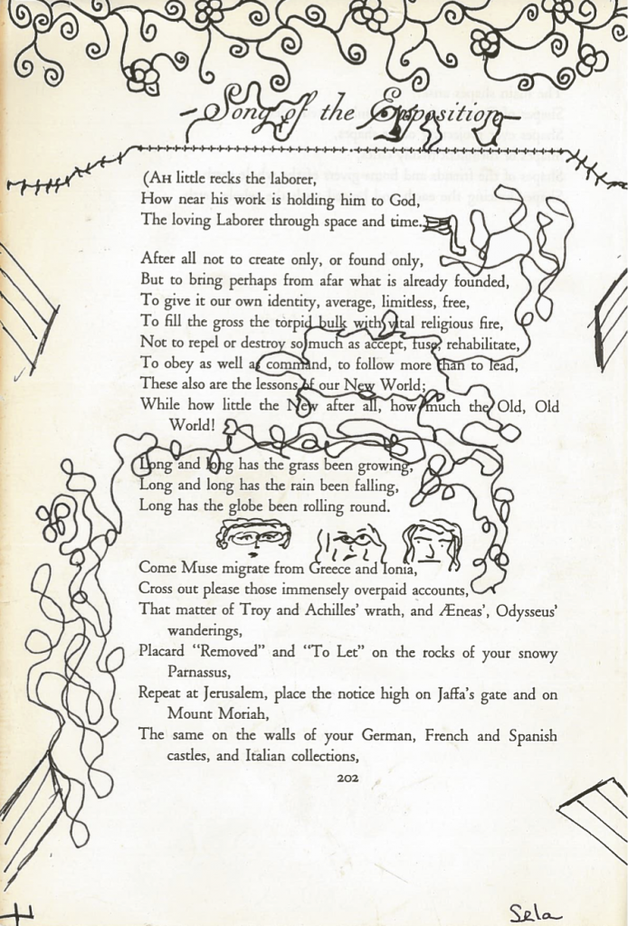 A piece of art made from a page of Leaves of Grass by Walt Whitman. The page is covered in doodles in black pen.