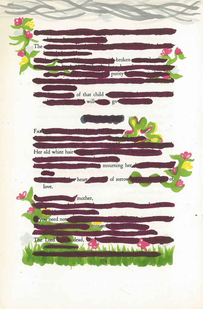 A blackout poem made from a page of Leaves of Grass by Walt Whitman. Words are blacked out in maroon marker. Flowers are drawn in various places on the page, and grass is drawn beneath the poem. On the top edge of the page is a gray sky. 