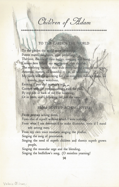 A piece of art made from a page of Leaves of Grass by Walt Whitman. In the center of the page is a human face, drawn in pencil. A hand reaches down towards the face from the top left corner.