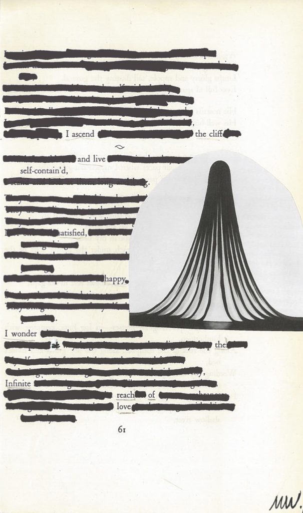A blackout poem made from a page of Leaves of Grass by Walt Whitman. Lines are blacked out with black marker, and a cutout image is glued to the right side, featuring a series of black lines on a white background.