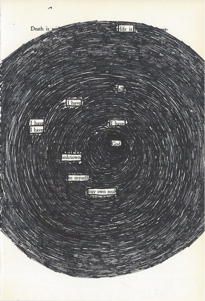 A blackout poem made from a page of Leaves of Grass by Walt Whitman. Most of the words on the page are covered by a large spiraling circle drawn in pen. It looks like a black hole. 