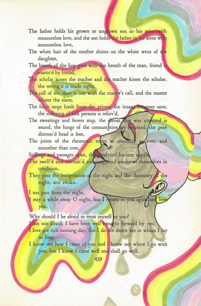A piece of art made using a page of Leaves of Grass by Walt Whitman. Towards the right side of the page is a woman's face. She has long rainbow hair, which spreads across the page. There are other rainbow-colored shapes scattered across the page.