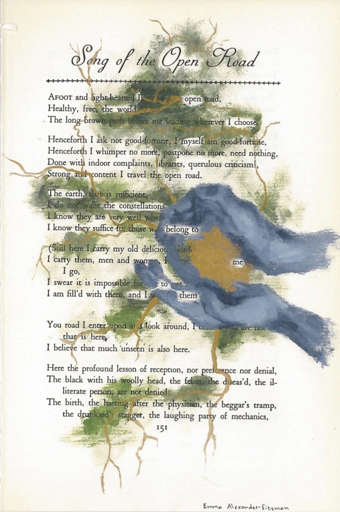 A blackout poem made from a page of Leaves of Grass by Walt Whitman. On the right side of the page, a pair of hands cup dirt. From the hands, roots spread across the page.