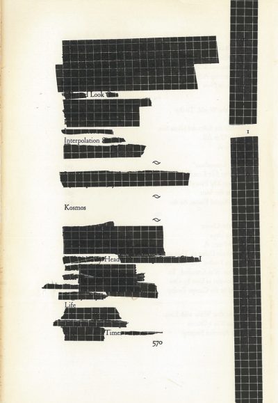 A blackout poem made from a page of Leaves of Grass by Walt Whitman. In this poem, the lines are blacked out by black tape with white grid lines on it.