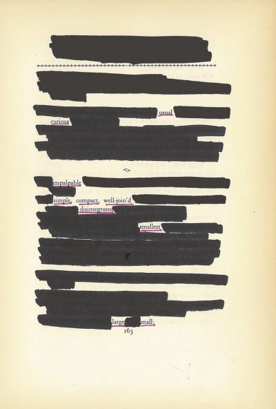 A blackout poem made from a page of Leaves of Grass by Walt Whitman. The words not blacked out are underlines in magenta.
