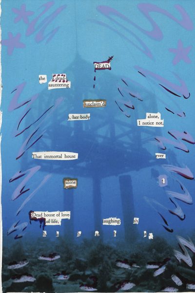 A blackout poem made from a page of Leaves of Grass by Walt Whitman. The page is covered with an image of some kind of large box deep underwater, either being raised or lowered. There are scuba divers approaching it. Spaces are cut out for the words of the poem, and designs are painted on it in light purple.