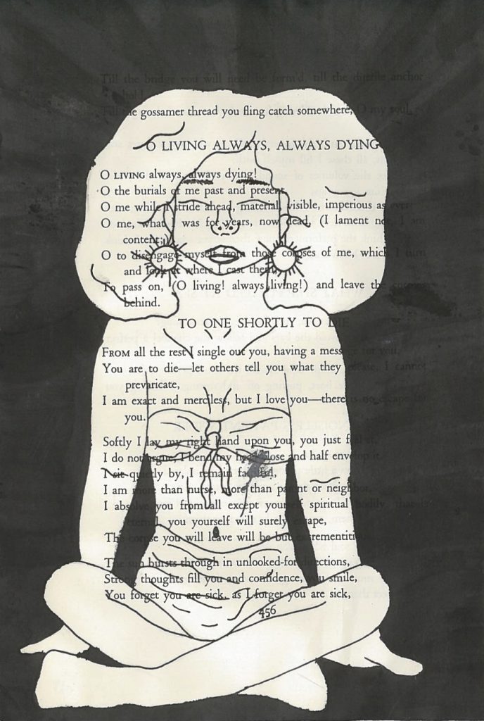 A piece of art made from a page of Leaves of Grass by Walt Whitman. Most of the page is painted black. A seated woman is drawn in the center of the page using negative space. The woman is wearing sun earrings and her eyes are closed.