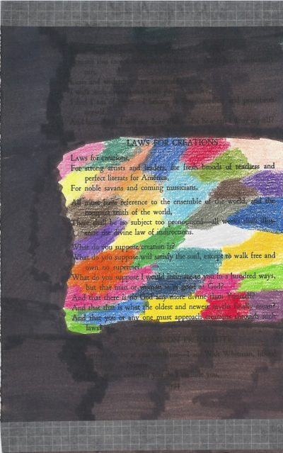 A piece of art made from a page of Leaves of Grass by Walt Whitman. Most of the page is colored black, and the poem is colored in with a variety of multicolored shapes.