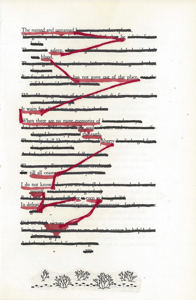A blackout poem made from a page of Leaves of Grass by Walt Whitman. Lines are crossed out with black marker and the words of the poem are underlined in red and connected with red string. At the bottom is a cutout of several drawings of plants.