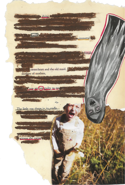 A blackout poem made from a page of Leaves of Grass by Walt Whitman. The edges of thepaper are town, and the lines are "blacked out" with brown crayon. A photo of a boy screaming is glued to the bottom right corner of the page. There is also a gray screaming ghost upside down on the right side of the page, so that its head is next to the boy's head.