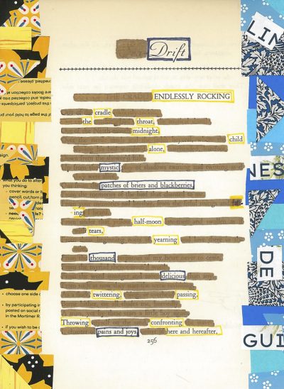 A blackout poem made from a page of Leaves of Grass by Walt Whitman. Words are "blacked out" in brown marker and each word of the poem is framed in either yellow or black. The left side of the page is bordered with an orange collage and the right side is bordered with a blue collage.