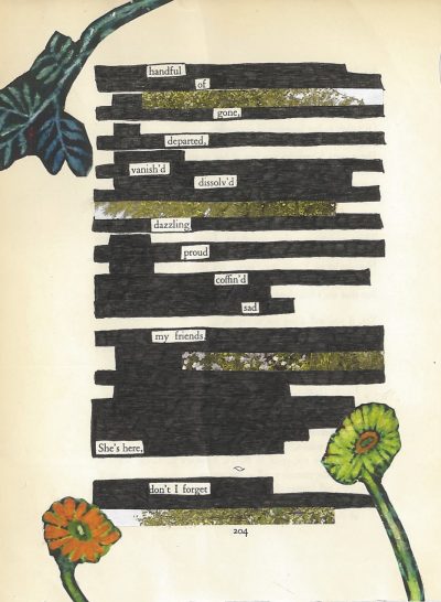 A blackout poem made from a page of Leaves of Grass by Walt Whitman. Two flowers are at the bottom of the page, and a branch with leaves reaches down from the top left corner. The words are blacked out with pen, and also with pictures of the top of a tree.
