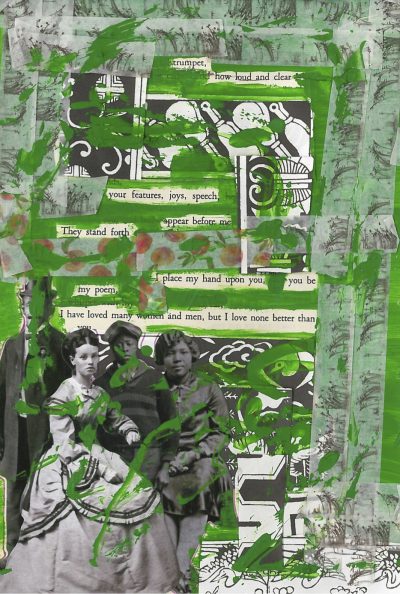A blackout poem made from a page of Leaves of Grass by Walt Whitman. This page is decorated washi tape displaying reeds in the wind, paper covered in ornate black-and-white designs, an old photograph of a family, and a lot of neon green paint.