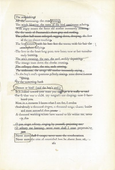 A blackout poem made from a page of Leaves of Grass by Walt Whitman. Lines of the original text are struck through with thread, which has been sewn across the page. The words of the poem are circled, also in thread.