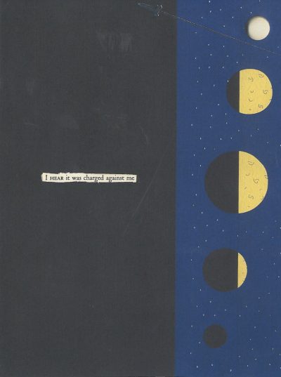A blackout poem made from a page of Leaves of Grass by Walt Whitman. The page has been covered by another piece of paper. Two-thirds of this page is black, and the last third depicts a series of moons at varying stages of the lunar cycle, against a blue background with stars. A space is cut out of the paper for the poem.