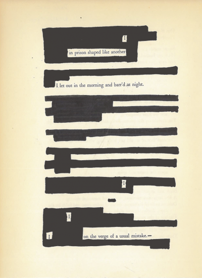 A blackout poem made from a page of Leaves of Grass by Walt Whitman.