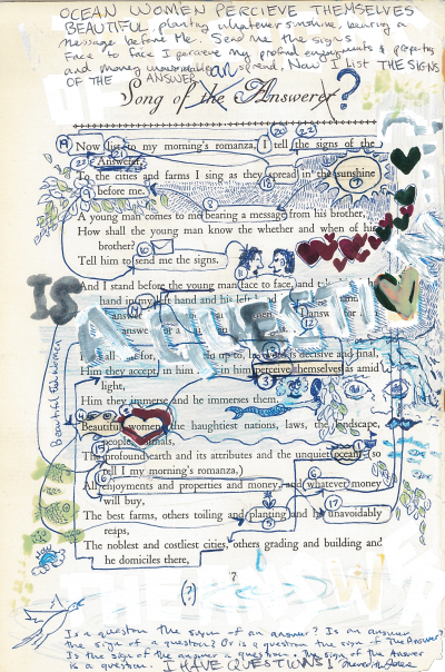 A blackout poem made from a page of Leaves of Grass by Walt Whitman. There is a handwritten note at the top and bottom of the page. The rest of the page is decorated with drawings mostly in blue, with some green and red. Words are also painted across the page. The words used in the poem are circled in blue and numbered, with lines connecting some of them. The poem starts with word number one.