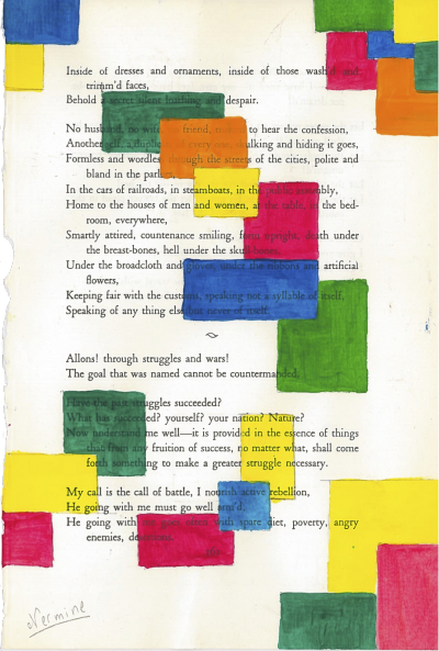 A piece of art made using a page of Leaves of Grass by Walt Whitman. The page is covered in colorful rectangles in red, orange, yellow, green, and blue