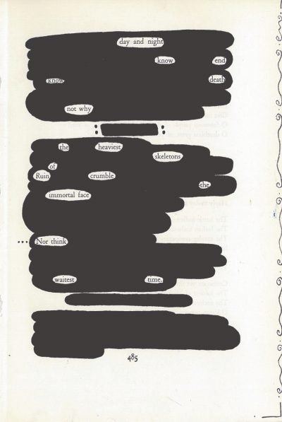 A blackout poem made from a page of Leaves of Grass by Walt Whitman. The text of the poem itself is circled, and the rest is blacked out in a way that gives a bubble-like effect. There are squiggles lining the right side of the page.
