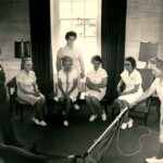 Housekeepers attending training in 1973. In this photo from 1973, each housekeeper’s uniform is slightly different. These housekeepers bought their uniforms individually, not through the college’s supplier. They all conform to the same requirements first outlined in 1942: a short white dress with short sleeves. They also all wear sensible white shoes.