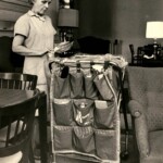 Housekeeper Julia Reardon cleans a dish in a house living room, 1972.
