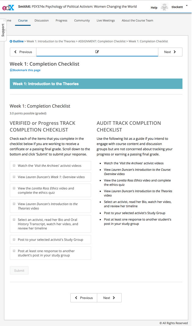 Weekly Completion Checklist from PSY374x