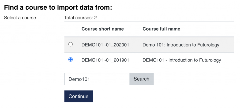 Select course to import data from