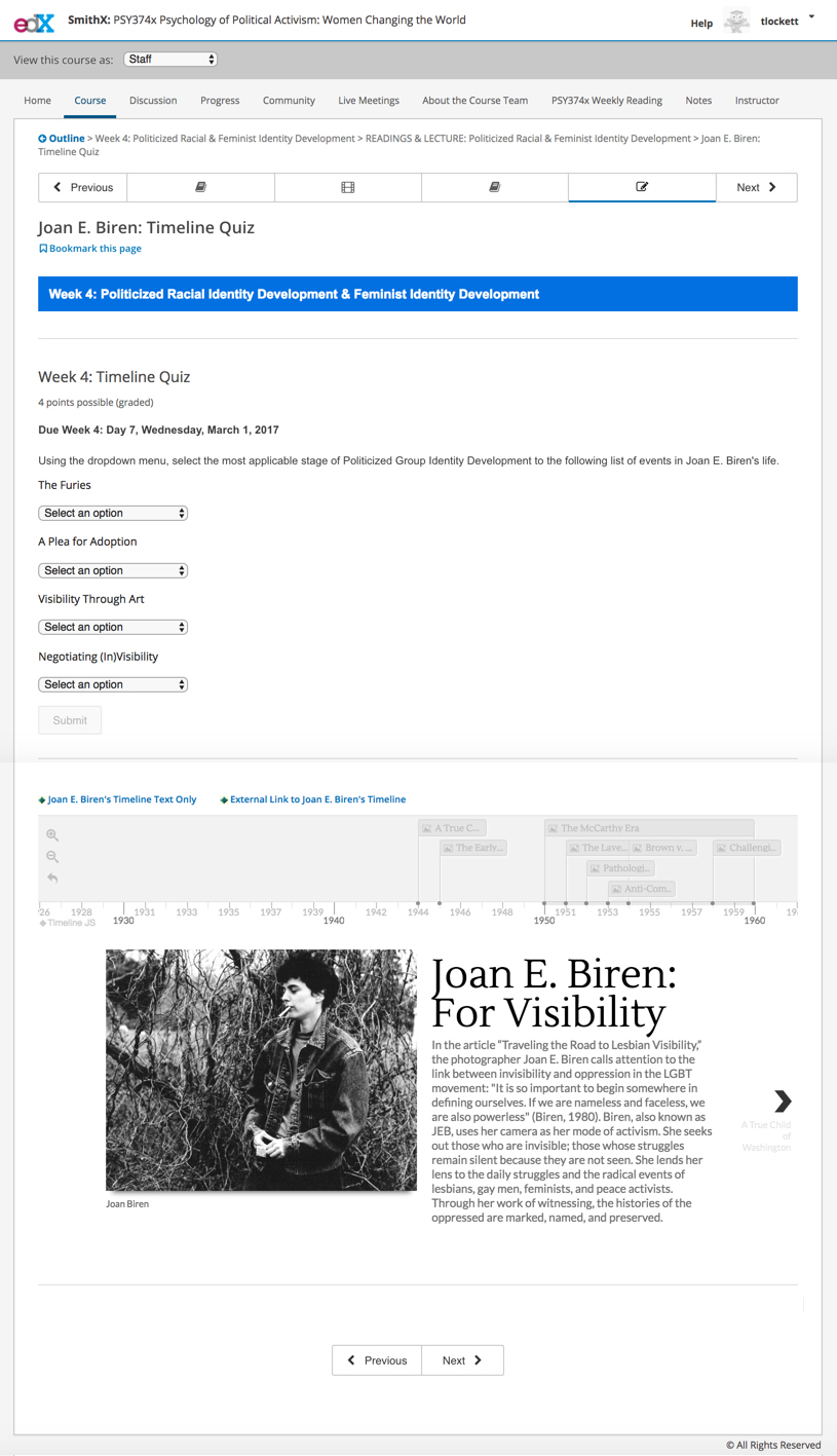 This is an example of Joan E. Biren's Timeline quiz from PSY374x