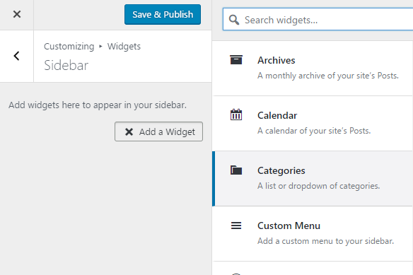 A view of the widgets available in WordPress