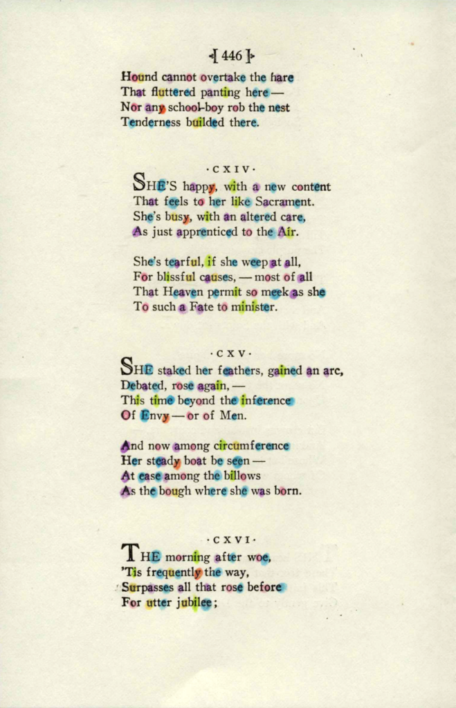 A page of poetry by Emily Dickinson. Every vowel on the page is highlighted with a different pastel color: 'a' in purple, 'e' in blue, 'i' in green, 'o' in pink, 'u' in yellow, and 'y' in orange.