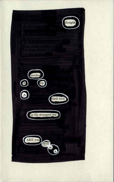 A page of poetry by Emily Dickinson. A rectangle of black marker blocks out most of the poem. Some words remain visible, circled in white.