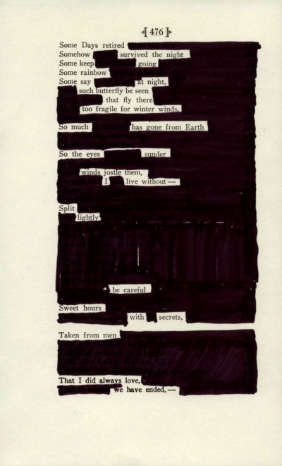 A page of poetry by Emily Dickinson. Most words are blacked out in black marker to create a poem with the remaining words.