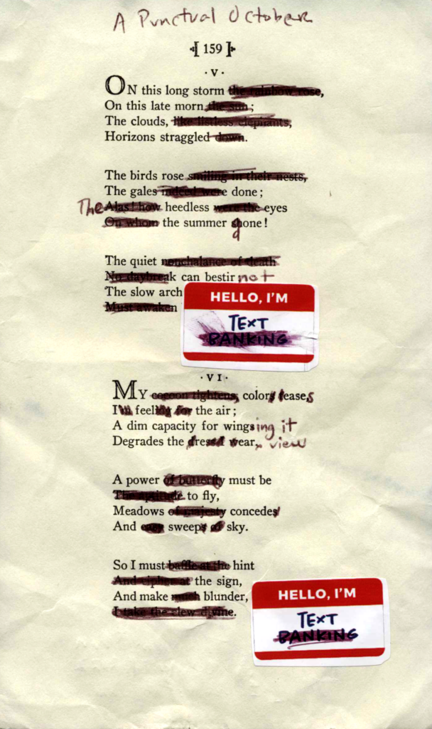 A page of poetry by Emily Dickinson. Some words of the poem are blacked out in marker. Nametag stickers are placed onto the page, each one reading "HELLO, I'M TEXT." The poem's title is handwritten at the top.