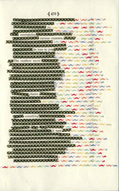The table of contents from a book of poetry by Emily Dickinson turned into a blackout poem. Each line is covered with polka dot washi tape on the left and rainbow mustache washi tape on the right, leaving only a few words remaining.