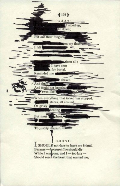 A blackout poem made from a page of poetry by Emily Dickinson. Words in the poem are crossed out in black marker. The crossed out portions extend into wispy lines. On the left is a marker drawing of a bee.
