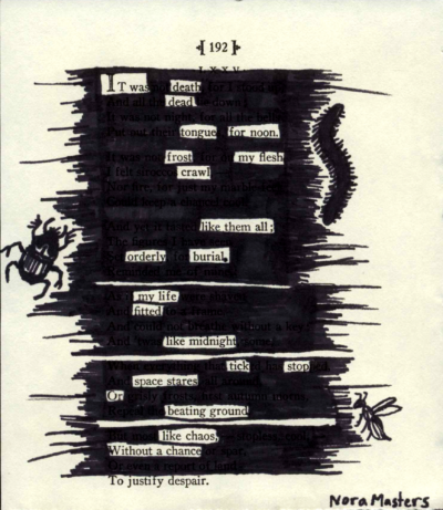 A blackout poem made from a page of poetry by Emily Dickinson. Most of the poem is crossed out in black marker, with the remaining words forming a new poem. On the edges of the blacked out poem are black drawings of insects.
