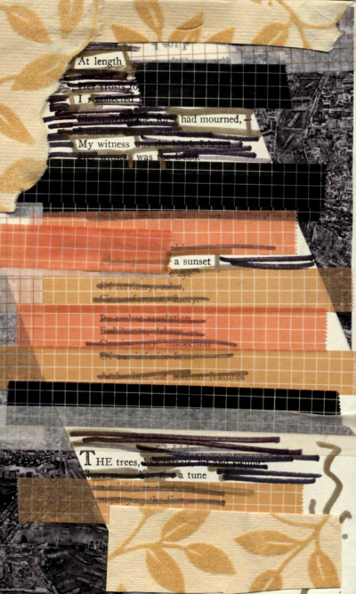 A blackout poem made from a page of poetry by Emily Dickinson. Most of the poem is crossed out in black marker and some portions are covered in tan, pale red, and black gridded washi tape. Leaf-patterned tan washi tape is on the bottom and top of the page. The remaining words are boxed in in gold marker.
