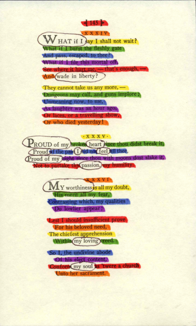 A blackout poem made from a page of poetry by Emily Dickinson. Portions of the poem are crossed out in rainbow colors that alternate line by line. The remaining words are circled.