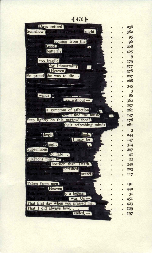 A blackout poem made from a page of table of contents of Emily Dickinson's poetry. Portions of the words are crossed out with black marker.