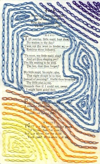 A page of poetry by Emily Dickinson. Most of the page is covered in a pattern sewn in the page in yarn that looks like the sun in the sky. The yarn frames one part of the poem.