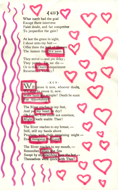 A page of poetry by Emily Dickinson. The page is decorated with heart symbols drawn in pink marker. Certain words in the poem are boxed in with pink marker to create a blackout poem.