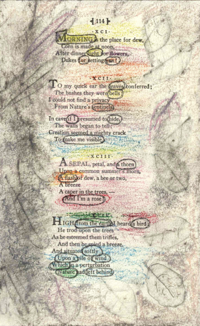 A blackout poem made from a page of poetry by Emily Dickinson. Certain words of the poem are circled in black to create the blackout poem. The poem is colored over in varied colors. The margins of the page are colored in grey with traced imprints of leaves.