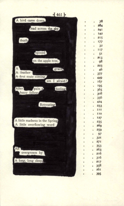 A blackout poem made from the table of contents of a book of poetry by Emily Dickinson. Most of the words on the page are crossed out in a block of black, with the remaining words forming the poem.