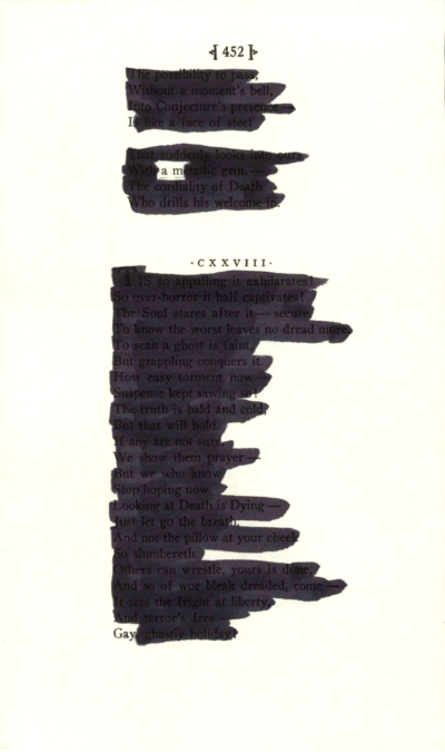 A blackout poem made from a page of poetry by Emily Dickinson. Most of the poem is crossed out in black marker, and the remaining words form the blackout poem.