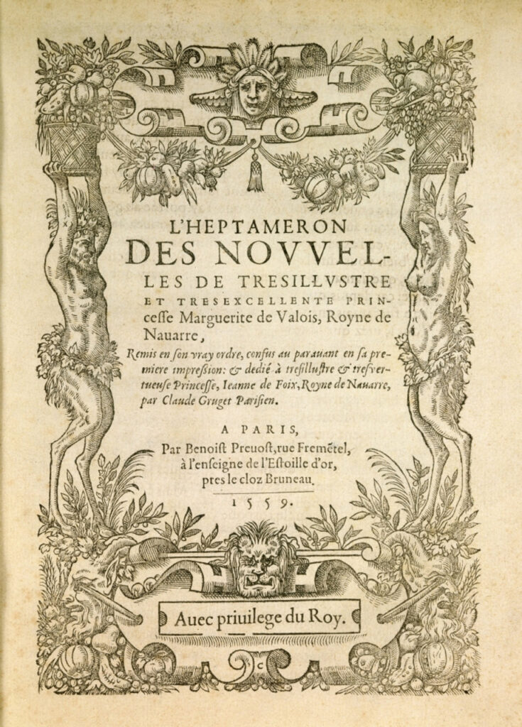 A cover of L'Heptameron from 1559. Greco-roman iconography borders the original French text.