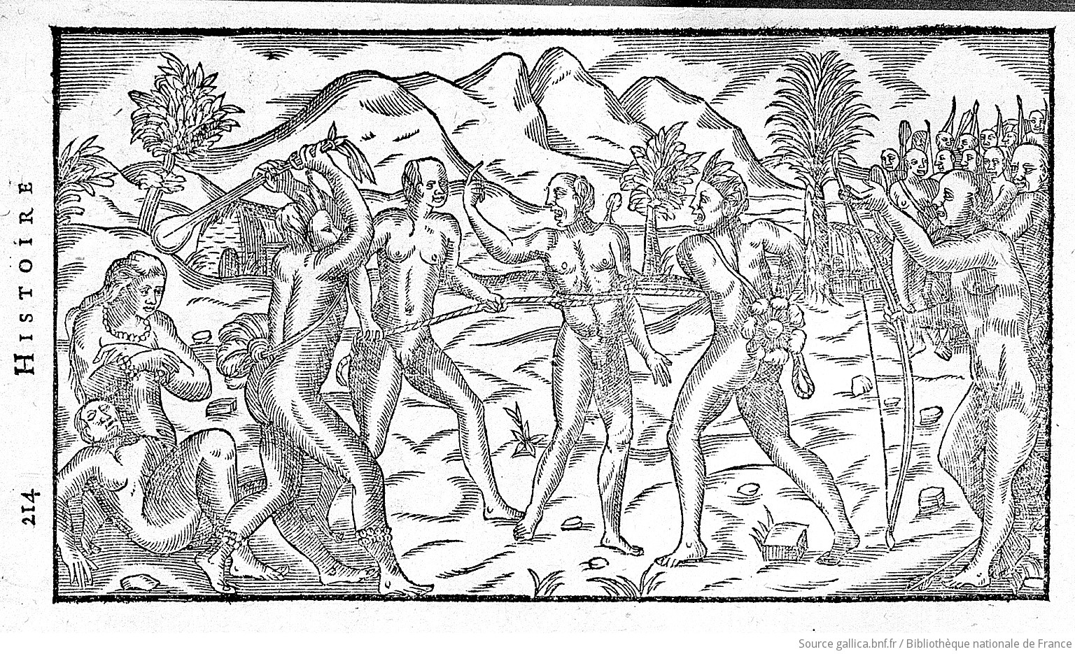 Engraving from "Histoire d'un voyage fait dans la terre du Brésil" by Jean de Léry. Depicts the capture of a prisoner by Tupi tribespeople.