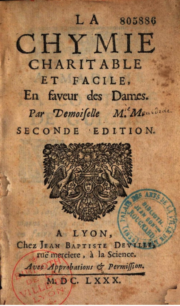 Cover of La Chymie, Charitable et Facile en Faveur des Dames. The title is at the top in black against the browned paper. There are two stamps, on in blue and one in red.